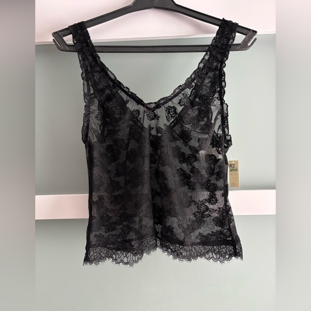 Aerie Black Scalloped Floral Lace Tank Top Rose Pattern Size M